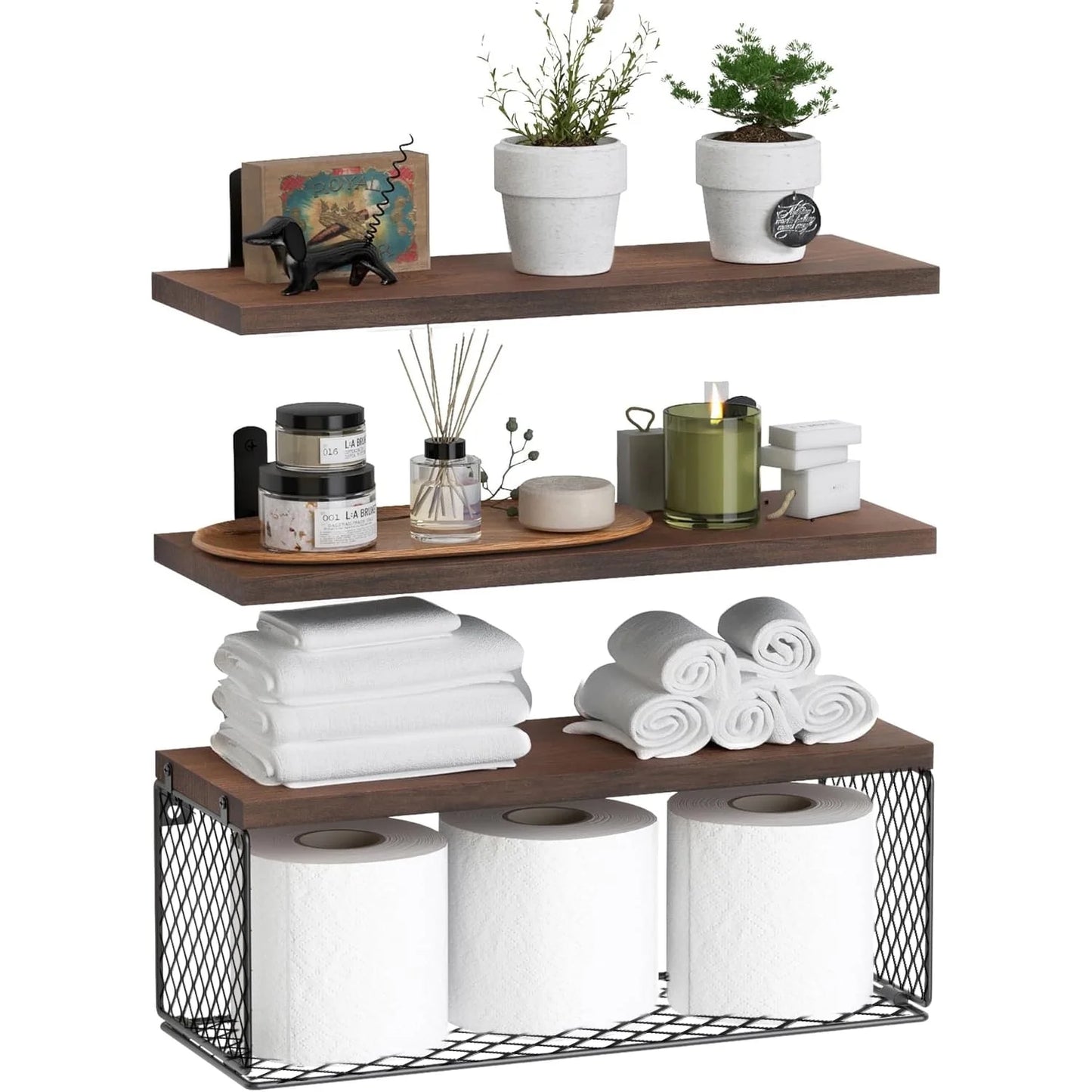 Floating Shelves, 3 Set Wall Mounted Wood Bathroom Shelves with Wire Storage Basket & Hooks, Farmhouse Floating Shelf Bathroom Accessories for Bedroom, Living Room, Kitchen, Bathroom Decor – Brown