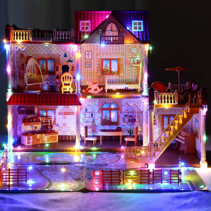 JoyStone 5 Rooms DollHouse, Huge Dollhouse Playset with LED Lights, Dolls, Furnitures, Accessories with Play Mat DIY Pretend Play Toys Gifts for Kids