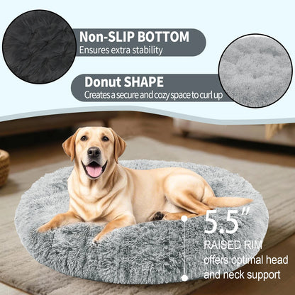 Katieovy Dog Bed for Large Dogs,Fluffy Calming Donut Dog Beds,28 inch Washable Plush Round Dog Mat with Non-Slip Bottom,Gray