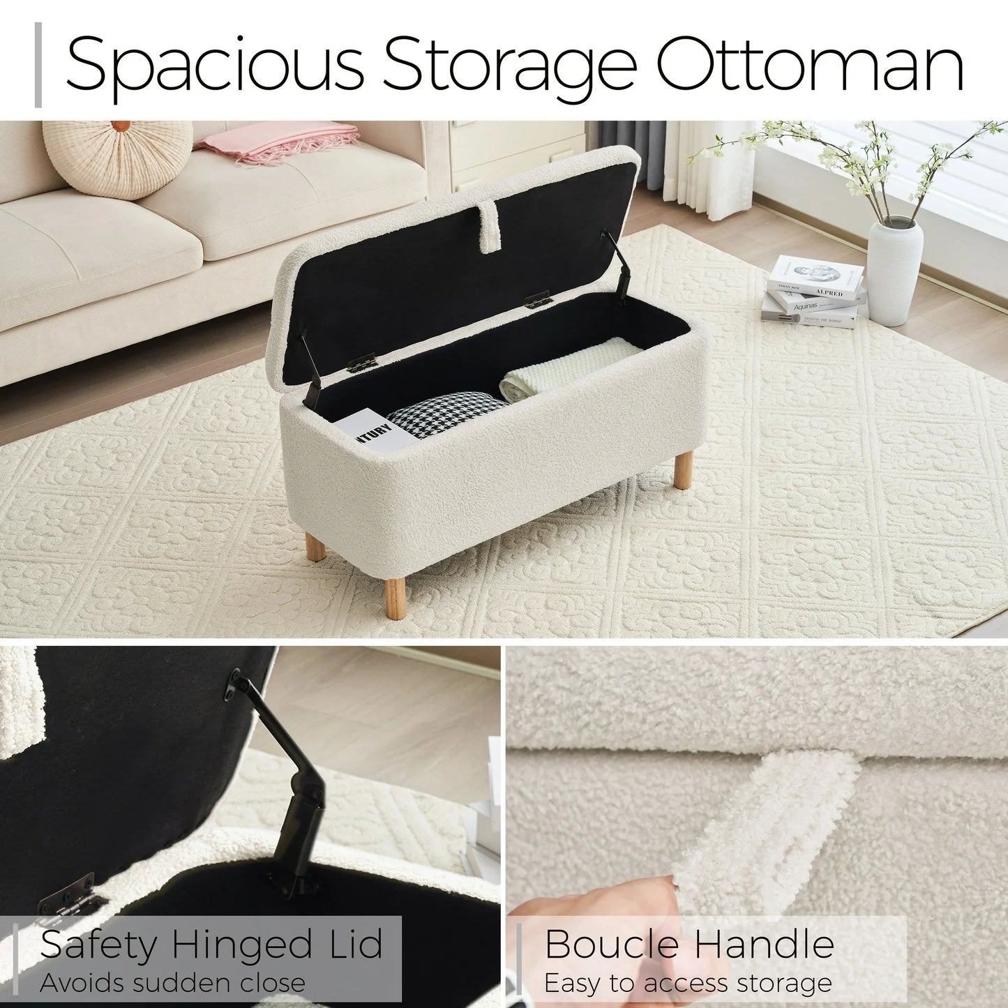 Comfort Stretch 39.3 Length Storage Ottoman Bench for Living Room,White Bedroom Bench with Entryway Storage Rectangular Boucle Foot Rest Stool Padded Seat