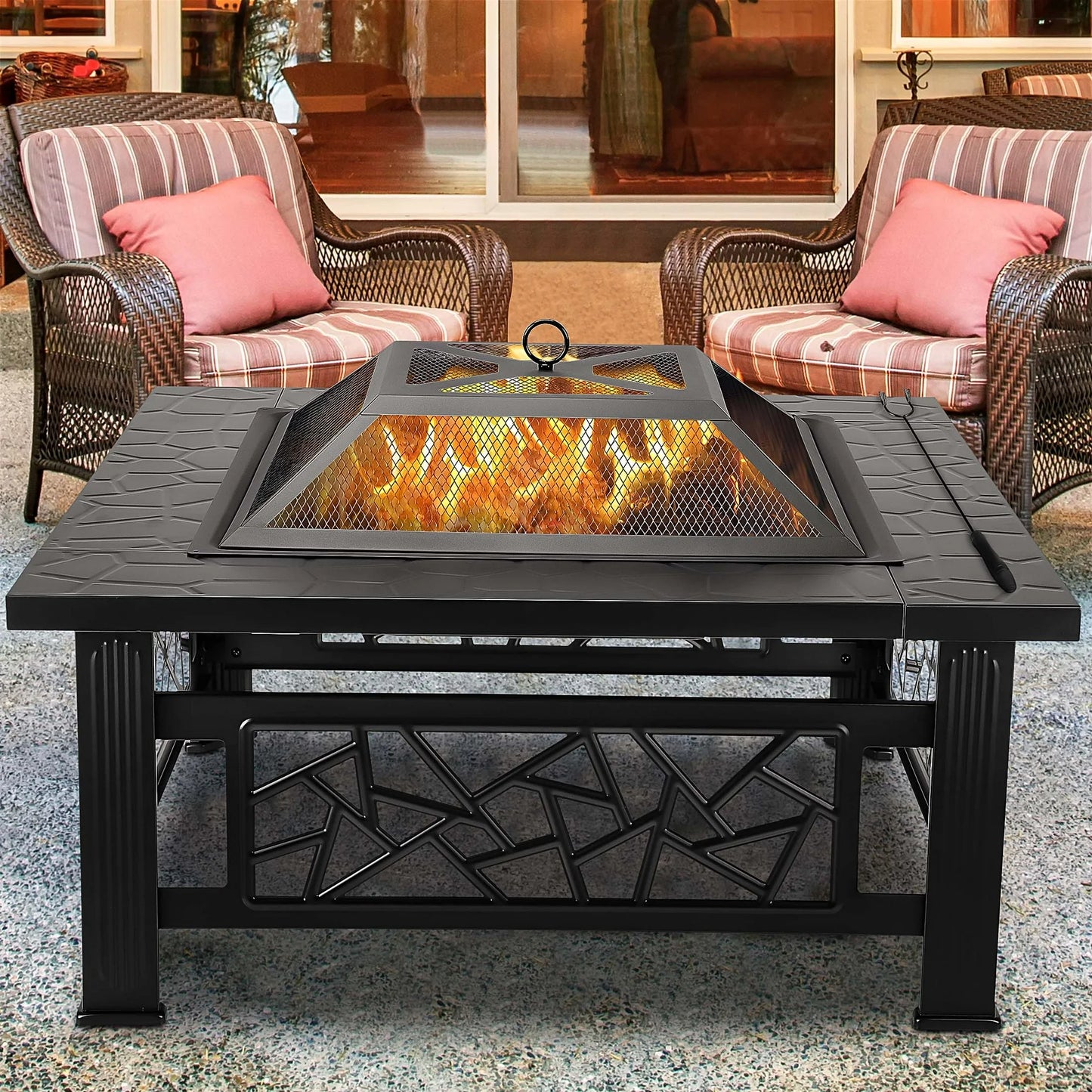 UHOMEPRO 32" Square Fire Pit Table, Portable Wood Burning Outdoor Firepit with Grill & Accessories, Geometric Design for Patio, Backyard, Camping (Black)