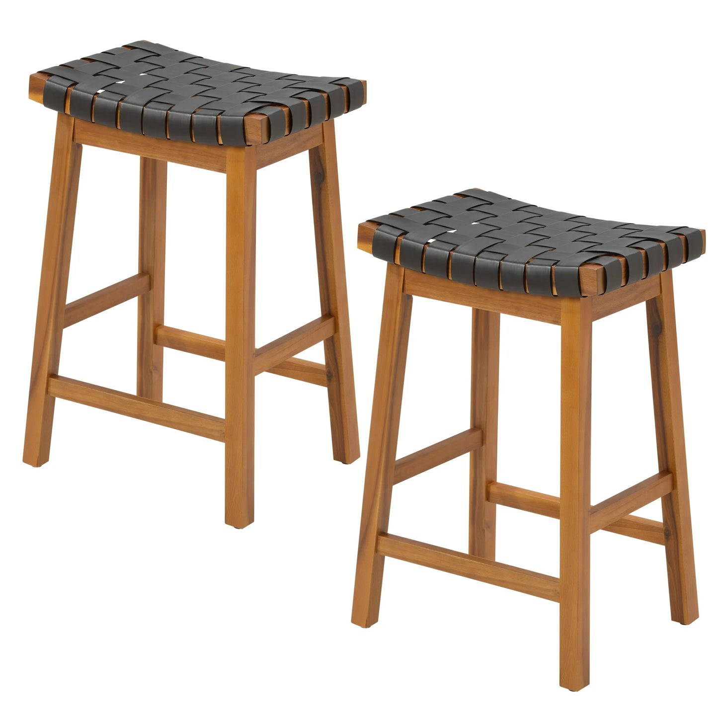 Counter Height Woven Saddle Bar Stool Set of 2 PU Leather Barstools for Kitchen Island, Outdoor Patio Dining Chair