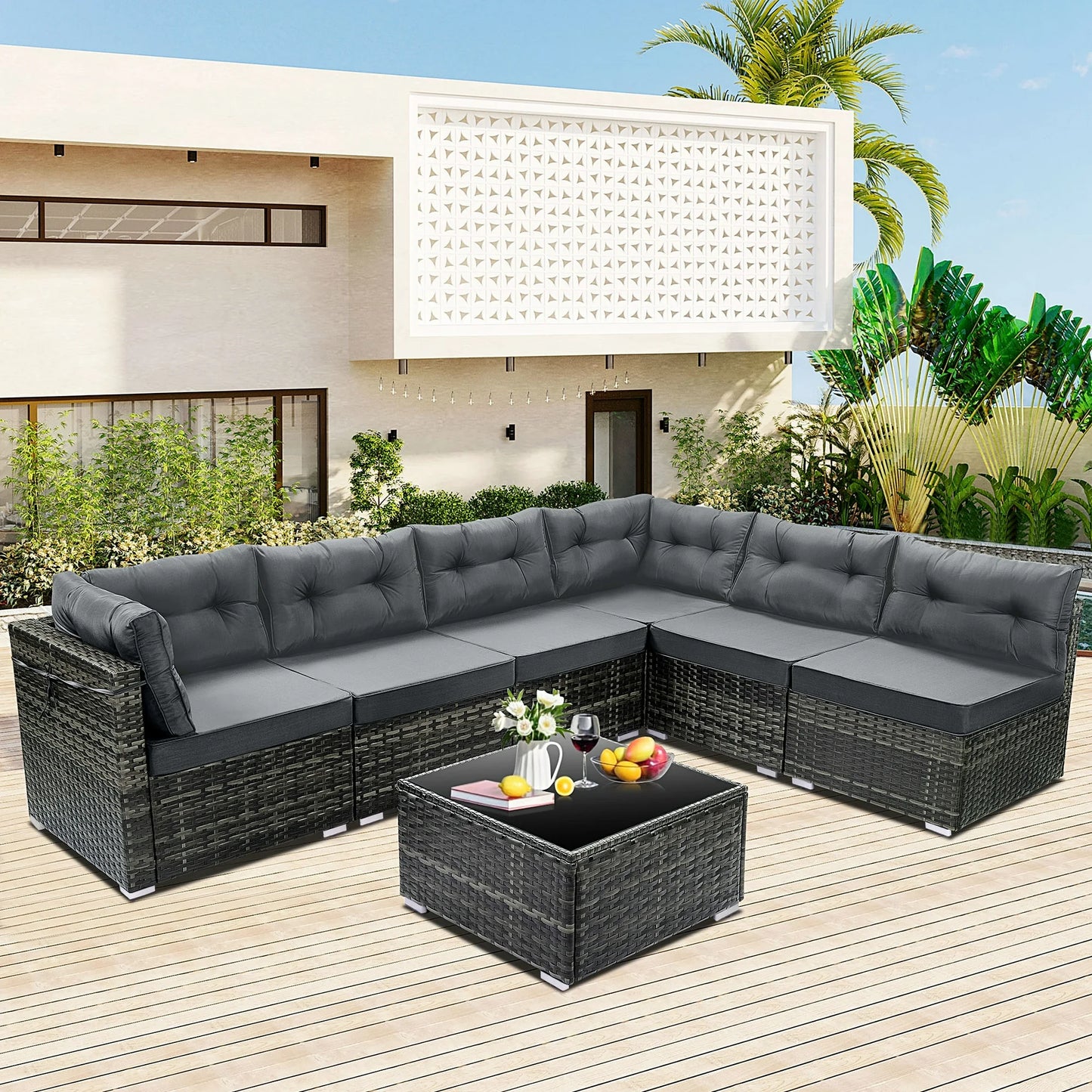 7 Piece Rattan Sectional Sofa Set, Outdoor Conversation Set, All-Weather Wicker Sectional Seating Group with Cushions & Coffee Table, Morden Furniture Couch Set for Patio Deck Garden Pool
