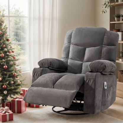 Swivel Recliner Chair with Massage and Heat, UHOMEPRO Manual Nursery Rocking Chair Single Sofa with USB, 2 Cup Holders, Living Room Lounge Chair with Side Pockets, Solid Wood Frame, Gray