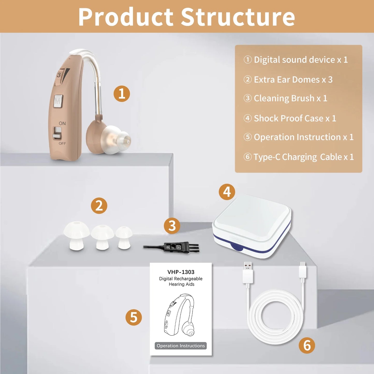 ELCTRTICI Rechargeable Hearing Aid for Adults – Noise-Cancelling, 2 Frequency Modes, Adjustable Volume Hearing Aid, Beige