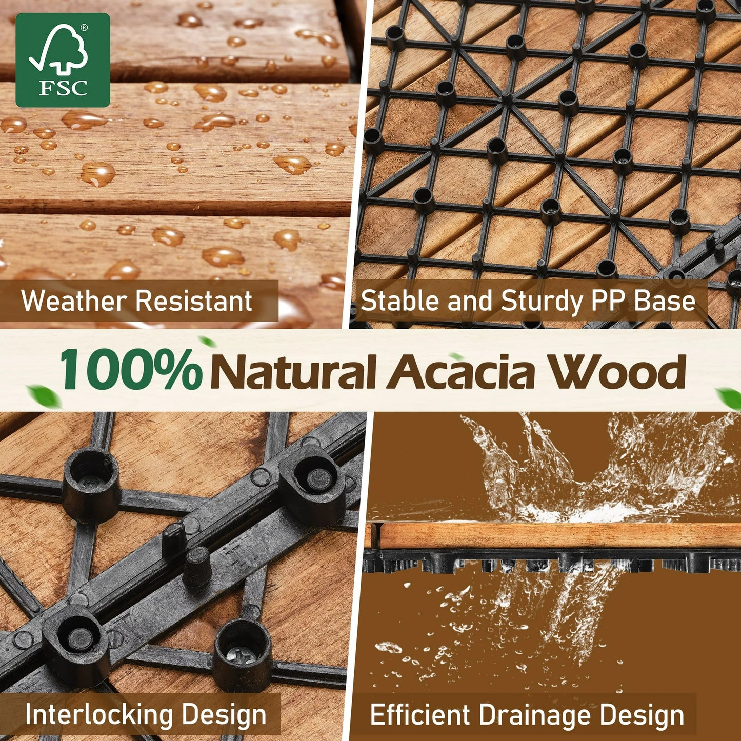 TrumanPick 12 PCS Deck Tiles Outdoor Waterproof Flooring Tiles for Backyard Garden Poolside, All Weather Use, Natural Wood- 24"L x 12"W