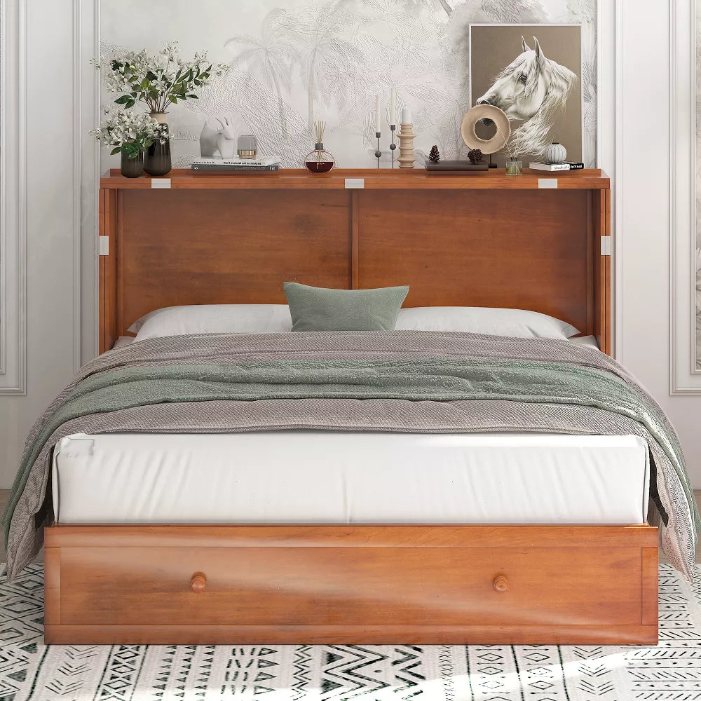 Mjkone Murphy Cube Cabinet Bed, Queen Murphy Bed with Trifold Foam Mattress, Built-in USB Charging Station& Roomy Storage Drawers