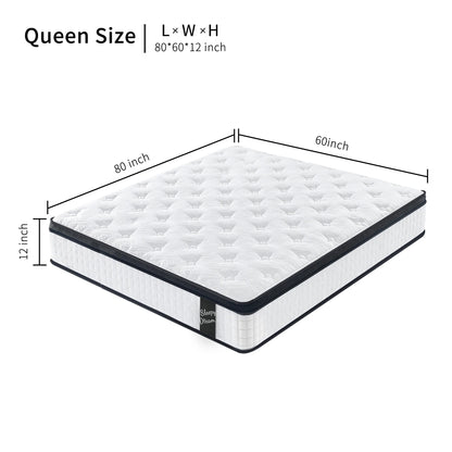 12 Inch Spring Hybrid Mattress Cool Memory Foam with Pressure Relief, CertiPUR-US OEKO-TEX 100 Certified, Queen Mattres in A Box