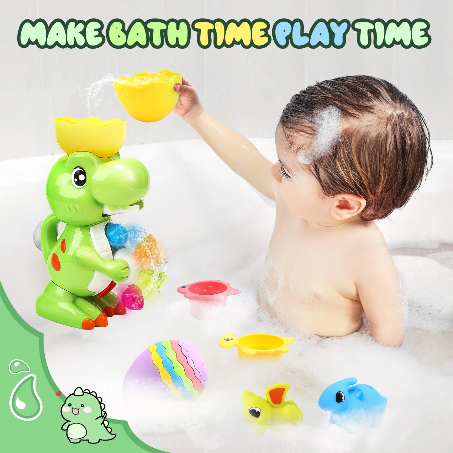 JoyStone 9 Pcs Dinosaur Bath Toy Set for Toddlers 1-3 Years, Spin Wheel & Watering Bottle