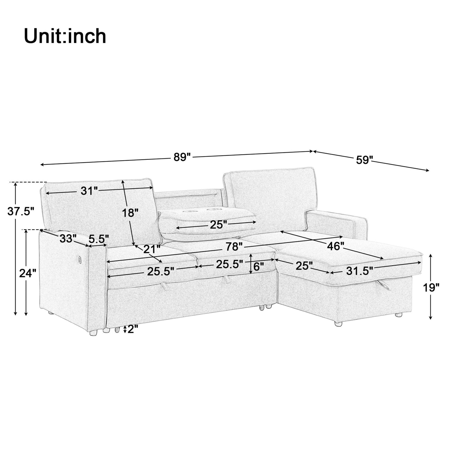 Churanty Sectional Sleeper Sofa with Pull Out Bed, L-Shape Sectional Corner Couch with Storage Chaise, Upholstered Sectional Sofa with Cup Holders for Living Room, Beige