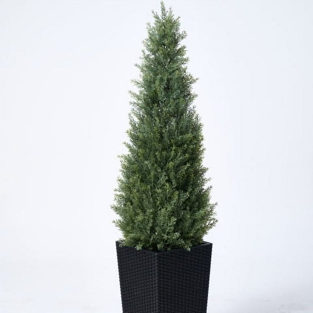 DR.Planzen Artificial Cedar Tree 4 ft Outdoor with Tall White Planter, Artificial Topiary Cedar Plants Fake Tree UV Rated Potted Plants for Porch Decor Faux Pine Tree for Perfect Housewarming Gift