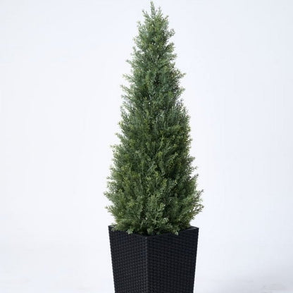 DR.Planzen Artificial Cedar Tree 4 ft Outdoor with Tall White Planter, Artificial Topiary Cedar Plants Fake Tree UV Rated Potted Plants for Porch Decor Faux Pine Tree for Perfect Housewarming Gift
