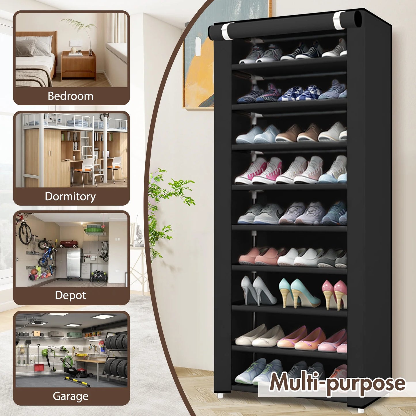 BAOKALER Portable Shoe Rack, 10-Tier 27 Paris Shoe Storage Cabinet with Cover, Non-Woven Fabric Shoe Storage Organizer 62.99*23.62*15.7 inch, Black