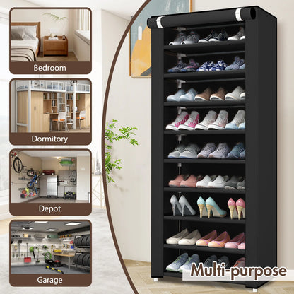 BAOKALER Portable Shoe Rack, 10-Tier 27 Paris Shoe Storage Cabinet with Cover, Non-Woven Fabric Shoe Storage Organizer 62.99*23.62*15.7 inch, Black