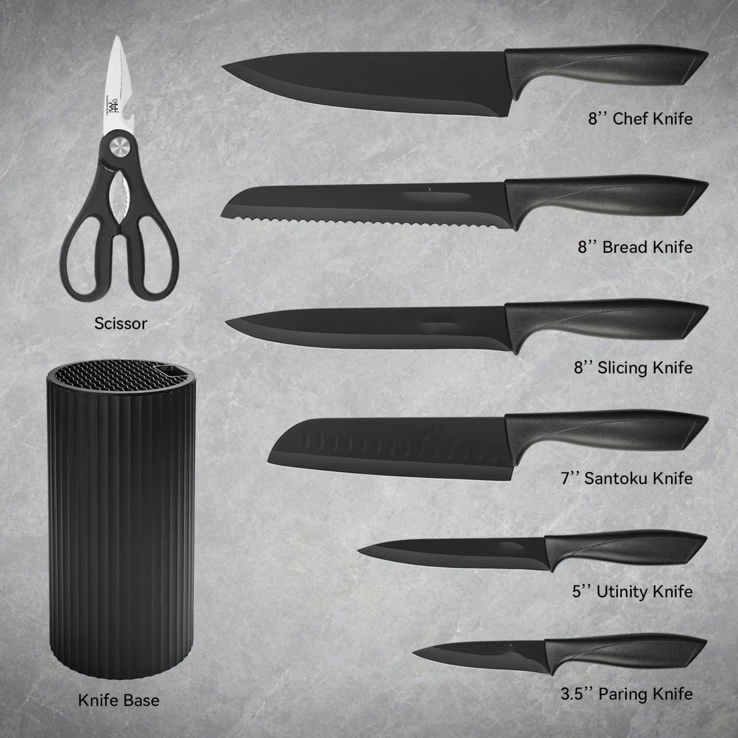 Knife Set, AOKIWO 8-Piece Kitchen Knife Set for Chef, Anti-Rust Non-stick Stainless Steel Sharp Chef Knife Set with Universal Knife Block, Ergonomical Design (Charcoal)