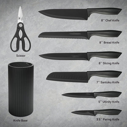 Knife Set, AOKIWO 8-Piece Kitchen Knife Set for Chef, Anti-Rust Non-stick Stainless Steel Sharp Chef Knife Set with Universal Knife Block, Ergonomical Design (Charcoal)