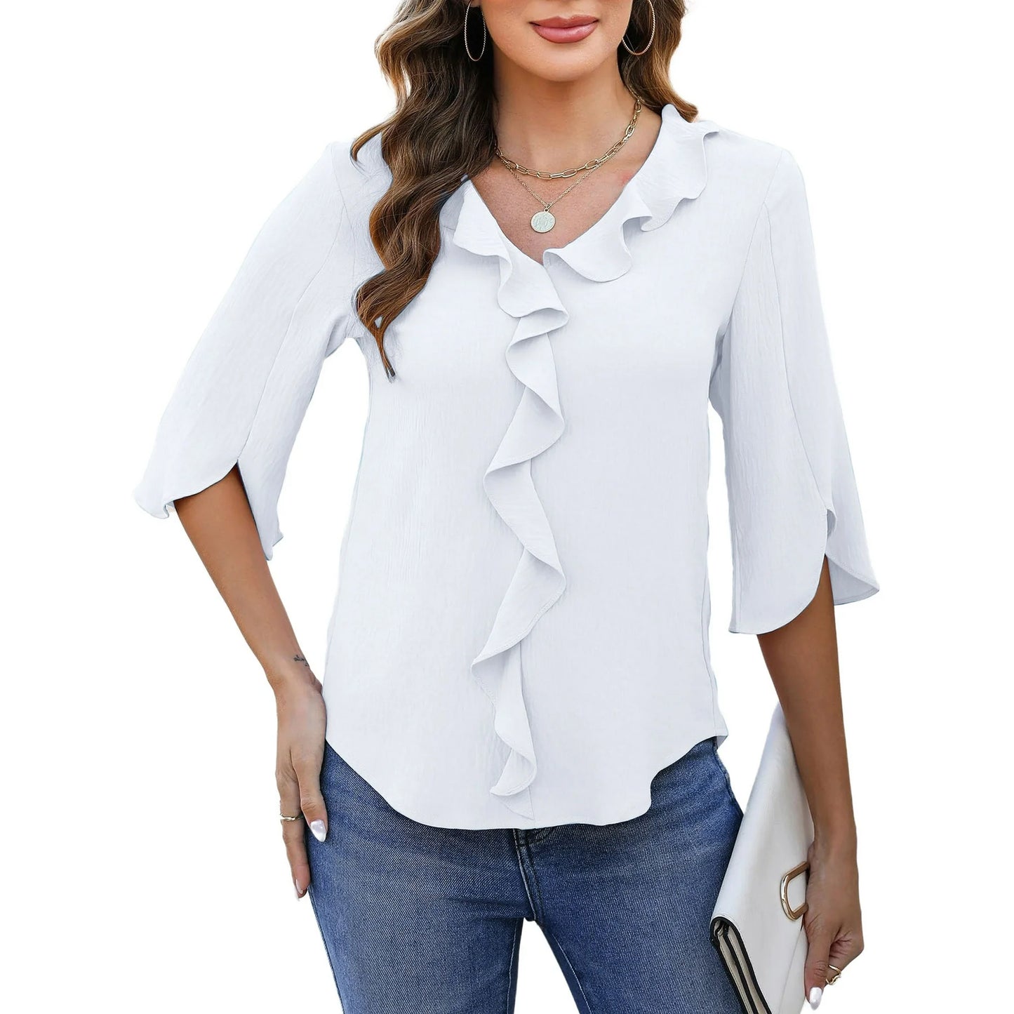 UVN Chiffon Blouses for Women Dressy Ruffle V Neck Tops Summer Casual Half Sleeve Shirts