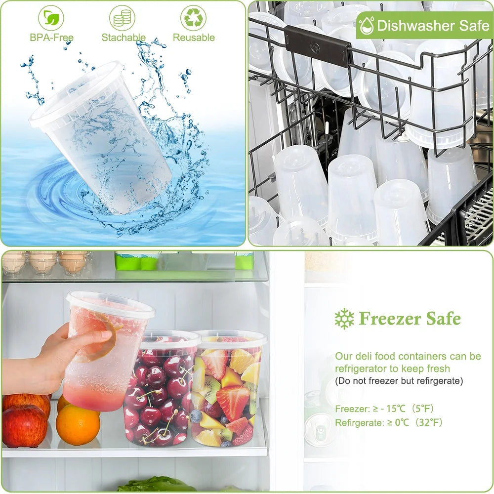 Deli Containers with Lids [25 Set] 32 oz Meal Prep Ccontainers Reusable,Plastic Containers ,BPA Free, Stackable, Leakproof, Microwave and Freezer Safe