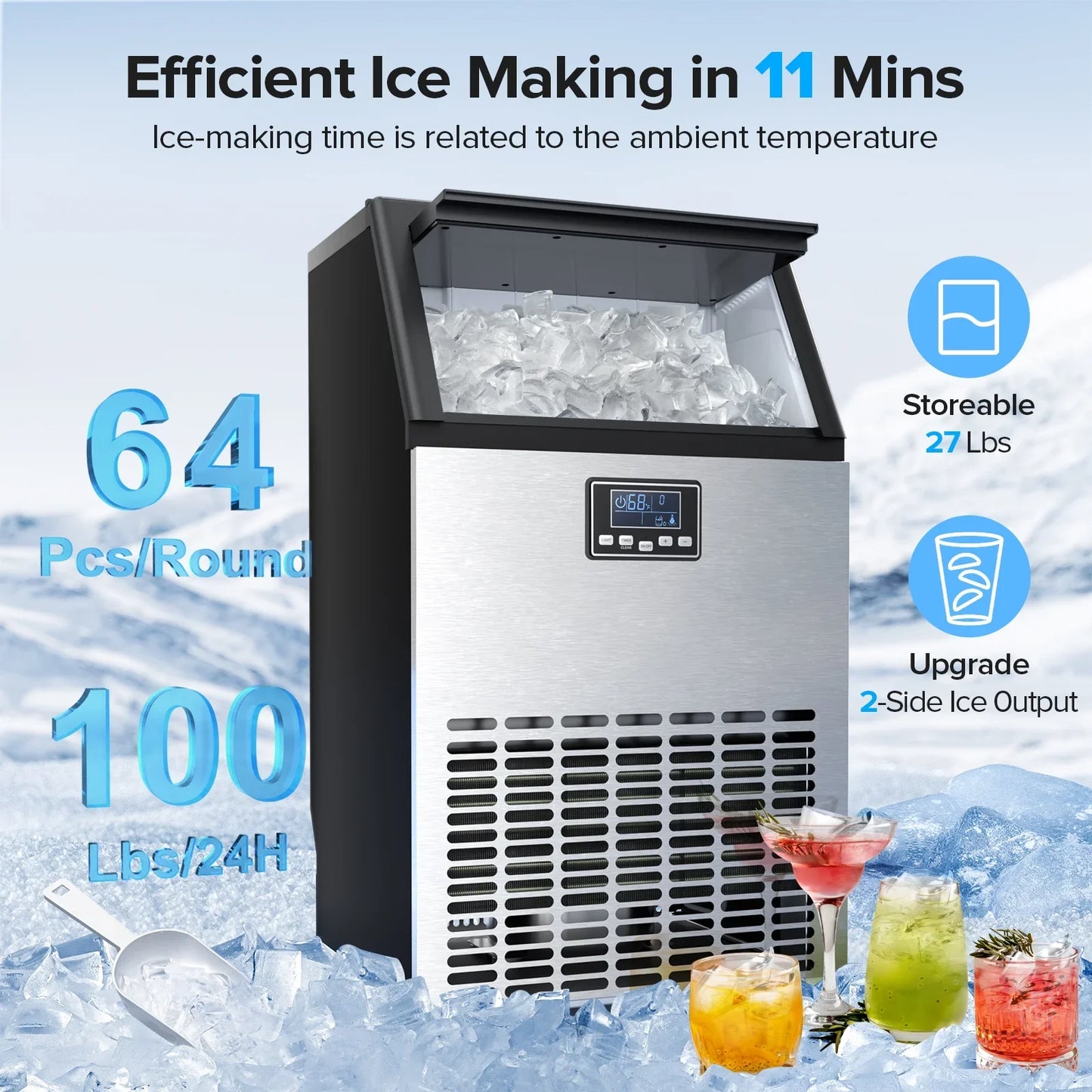 Auseo Commercial Crescent Ice Maker, 100Lbs/24H Stainless Steel, 64Pcs in 11-20 Mins, 2 Water Adding Modes, Companies/Families/Bars