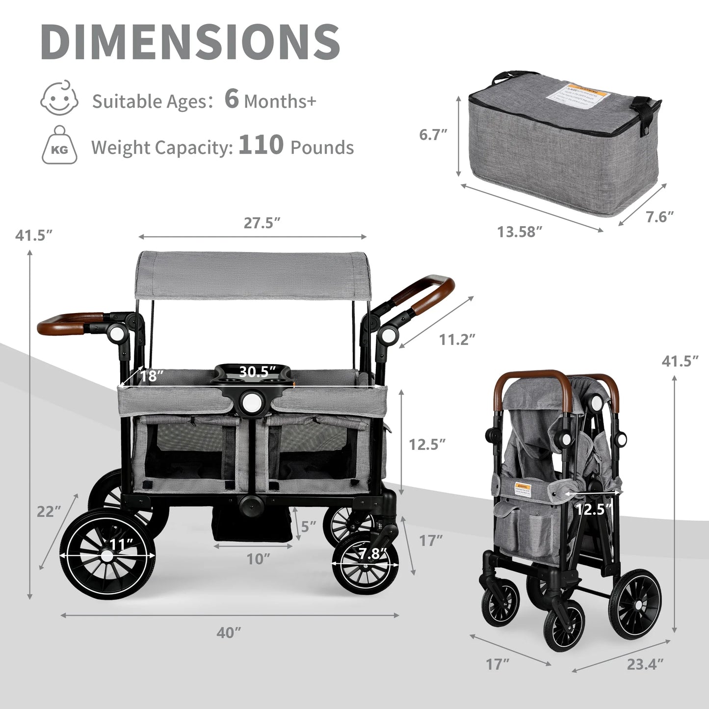 AILEEKISS Wagon Stroller for 2 Toddler 6 Months+, Collapsible Stroller Wagon with Canopy, Dark Grey