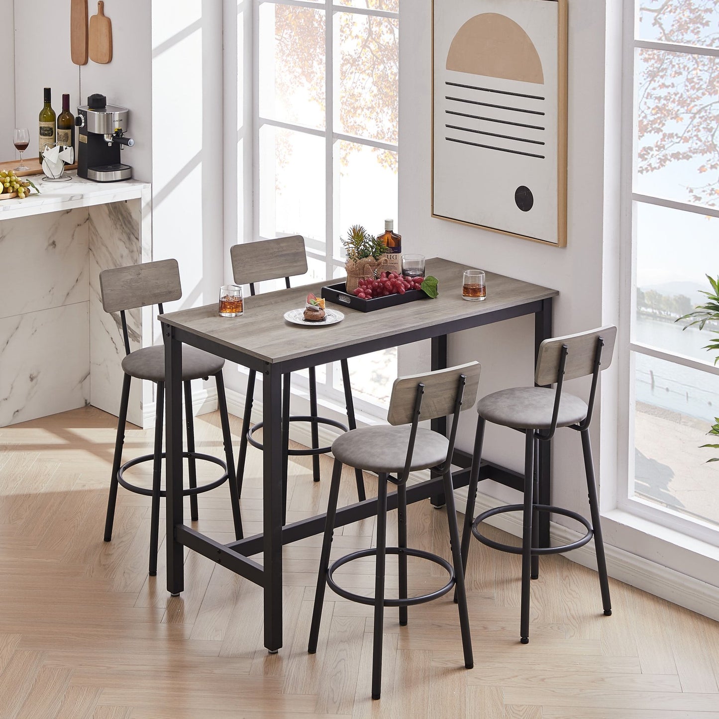 UHOMEPRO 5 Pieces Dining Table Set, Modern Counter Height Table with 4 PU Leather Bar Stools, Wood Bar Table and Chairs Set, Pub Table Dining Room Table Set for Kitchen, Breakfast Nook, Walnut