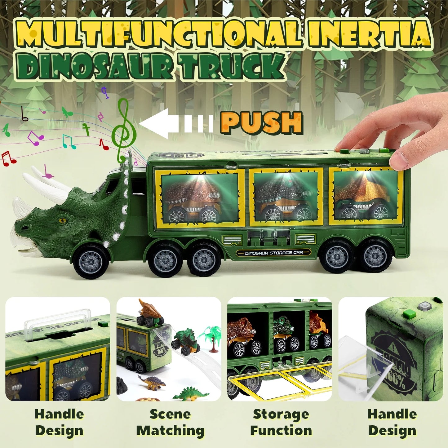 JoyStone 20 in 1 Dinosaur Toys with Light, Music & Roar Sound, Dino Toddler Toys Including Toy Truck, Pull Back Dinosaur Cars, Mini Dinosaur Figures & Slide, Christmas Gift, Green