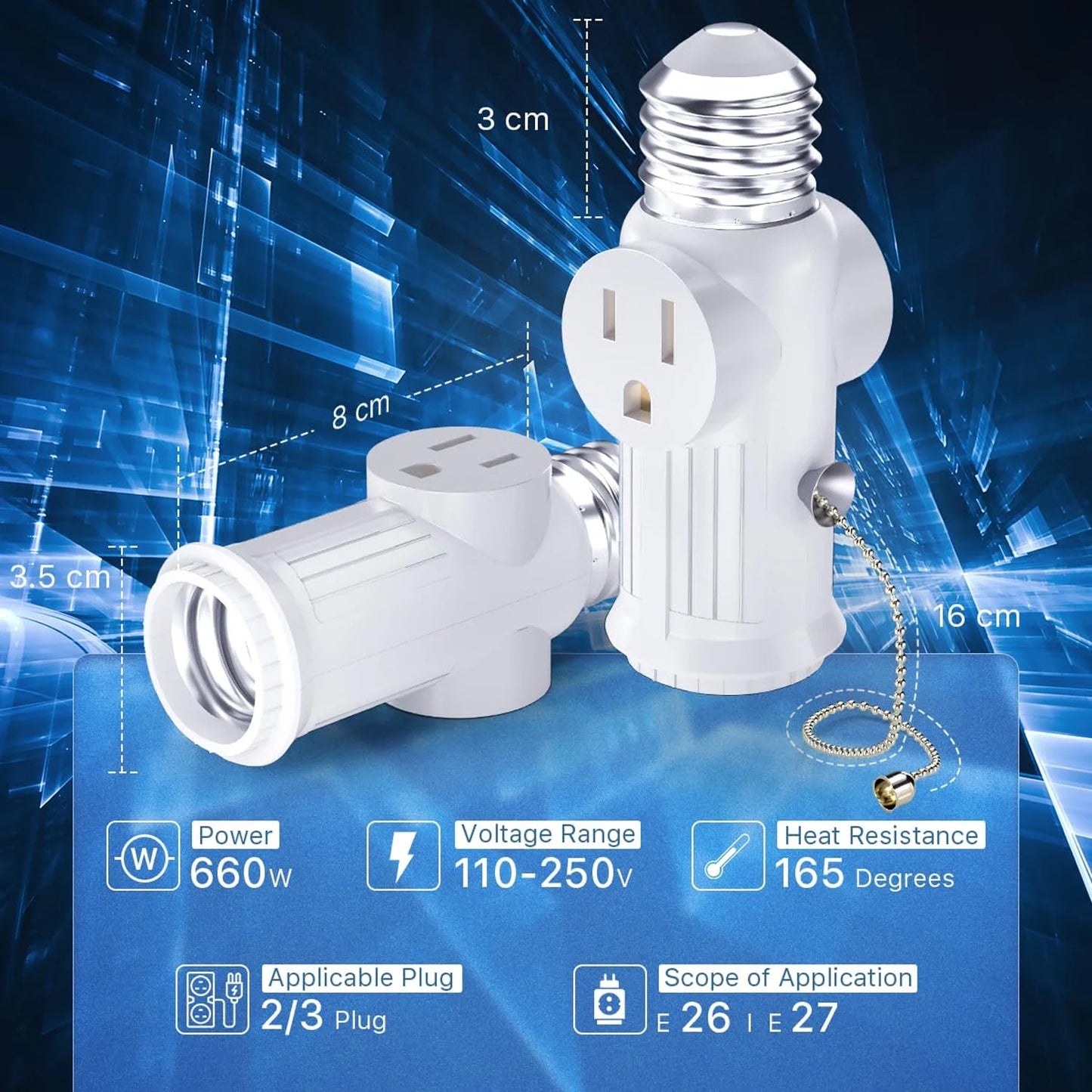 Light Socket to Plug Adapter, 2-Pack Pull Chain 2/3 Prong Light Socket Adapter E26/E27 Light Bulb Outlet Socket Polarized Plug Converter for Garages, Living Rooms, hallways, and More