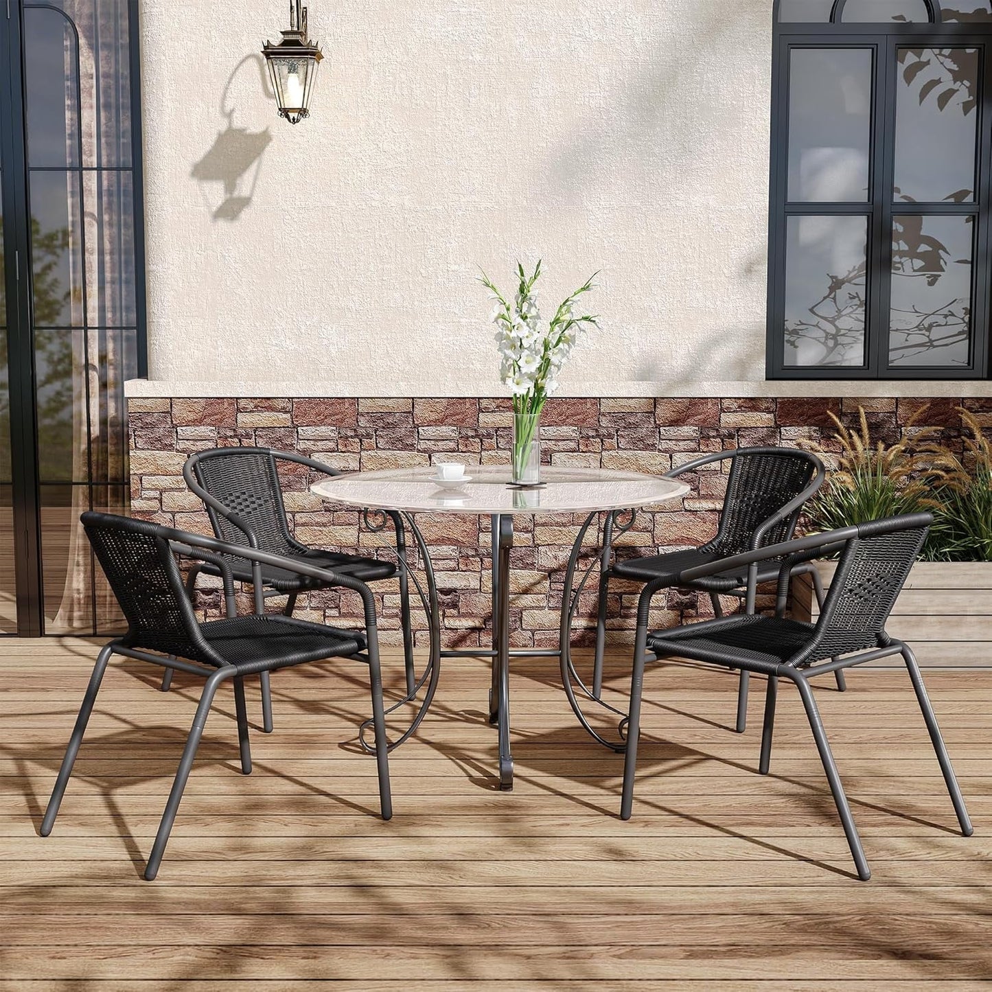 UDPATIO Rattan Patio Dining Chairs Set of 4, Wicker Stackable Outdoor Chairs, for Indoor Bistro Restaurant Porch Deck, Black