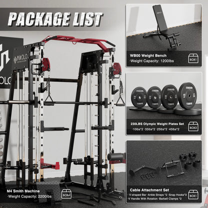 Mikolo Smith Machine Home Gym, 2200 lbs Power Rack Cage with Cable Crossover, Smith Cage with Ultimate Home Package