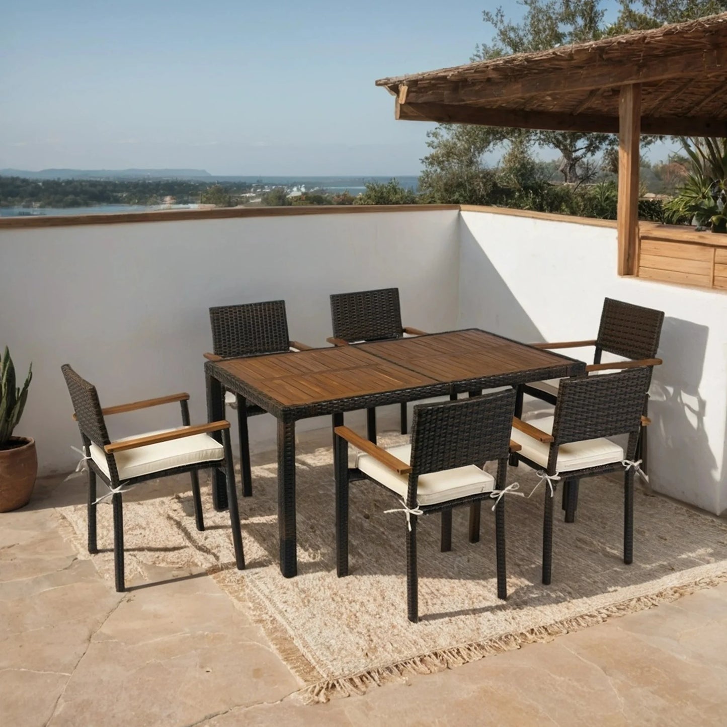 7 Piece Indoor Outdoor Wicker Dining Set Furniture, Patio Rattan Furniture Set with Wood Tabletop and Armrest Chairs, All-Weather Sectional Conversation Set with Cushions for Patio Backyard, Deck