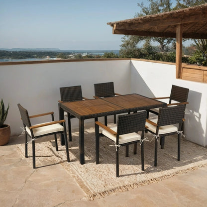 7 Piece Indoor Outdoor Wicker Dining Set Furniture, Patio Rattan Furniture Set with Wood Tabletop and Armrest Chairs, All-Weather Sectional Conversation Set with Cushions for Patio Backyard, Deck