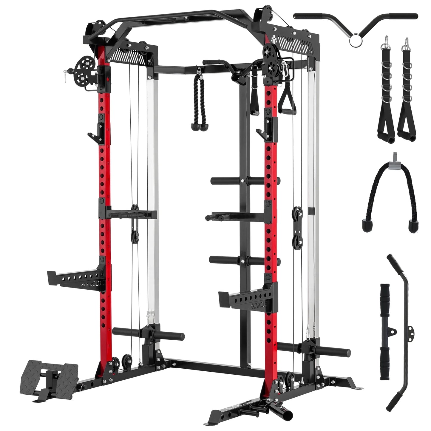 Mikolo Power Rack Cage, Weight Rack with Dual Pulley Cable Crossover Machine,Multi-Function Squat Rack with J Hooks,Dip Bars and Landmine for Home Gym (Red)