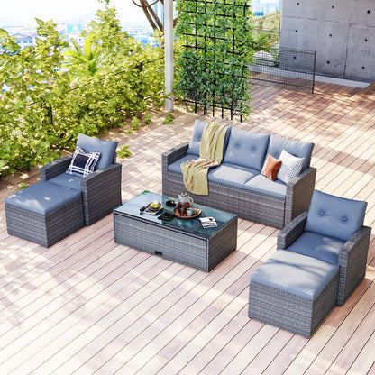 Outdoor Patio Furniture Sets for Backyard, Segmart New 6 Pieces Wicker Patio Furniture Set with Seat Cushions & Tempered Glass Coffee, Conversation Sets for Porch, Poolside, Backyard, Garden, Gray