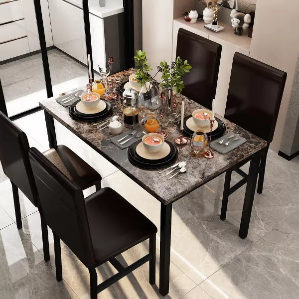 Hooseng Dining Table Set for 4, 5-piece Kitchen Table and Chairs, Rectangular Dining Table Set with Four Black Chairs and Marble Top