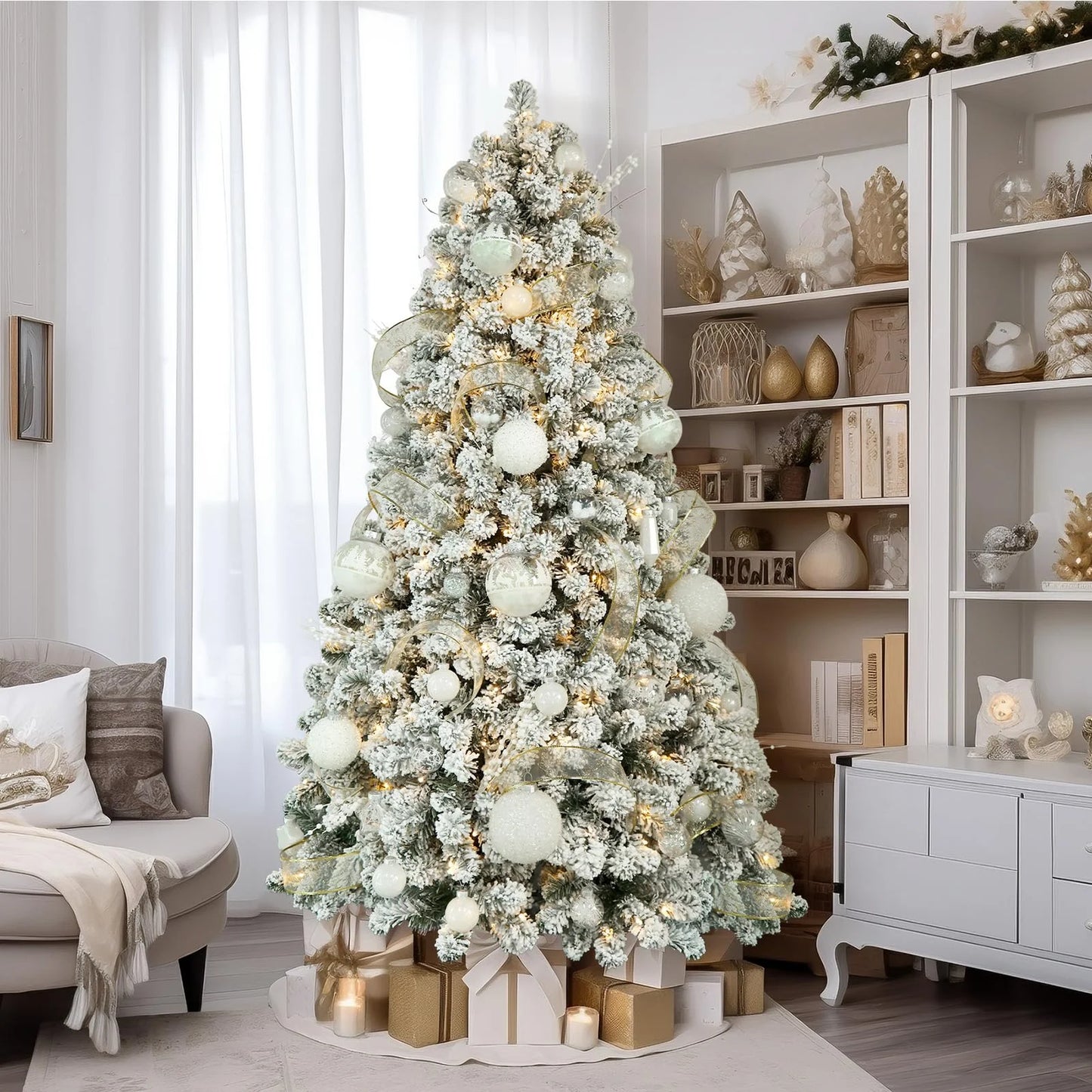 RTB-SHareconn 7.5ft Prelit Snow Flocked Artificial Holiday Christmas Tree w/ 470 Warm White Lights, Foldable Stand, Full Snow Branch Tips for Home, Office, Party Decoration