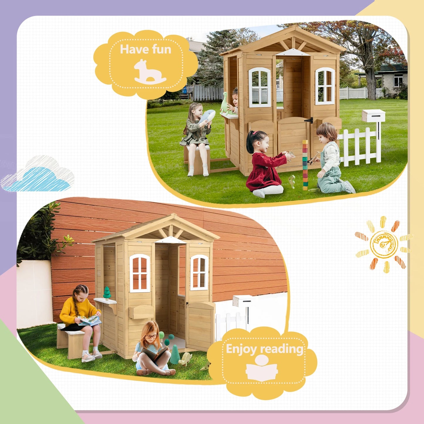 Outdoor Playhouse, Wooden Playhouse for Kids Outdoor with Bench, Windows, Working Door, Mailbox, Flowers Pot Holder, Girls Boys Outdoor Gift for Ages 2+, 80.17" x 38.19" x 55.5"