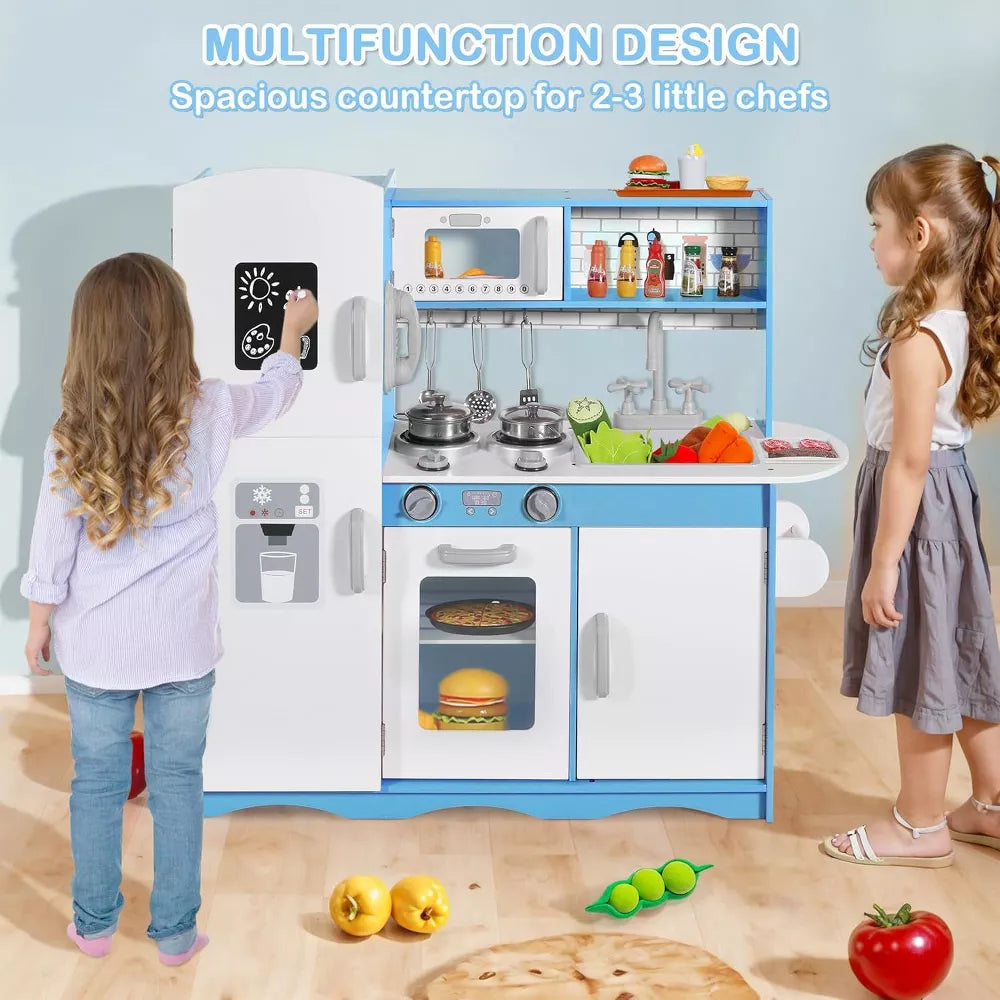 Kinder King Wooden Kids Play Kitchen, Toy Kitchen Playset for Toddler, Pretend Oven, Microwave, Realistic Kitchen Sets for Boys Girls Age 3+