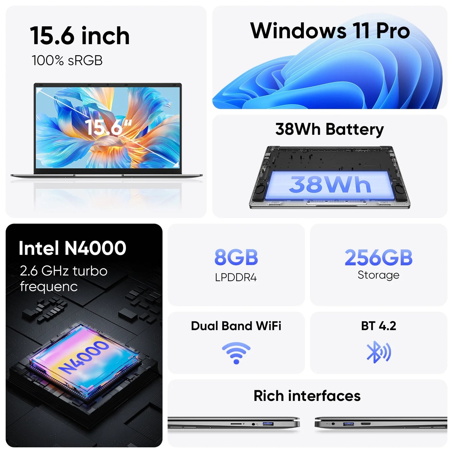 15.6"Laptop Computer,8GB RAM 256GB SSD,Windows 11 Pro Bussiness NoteBook PC,MS Office 2024,Intel Celeron N4000(up to 2.6GHz) 100% sRGB Screen,2.4G/5G Dual Band WiFi