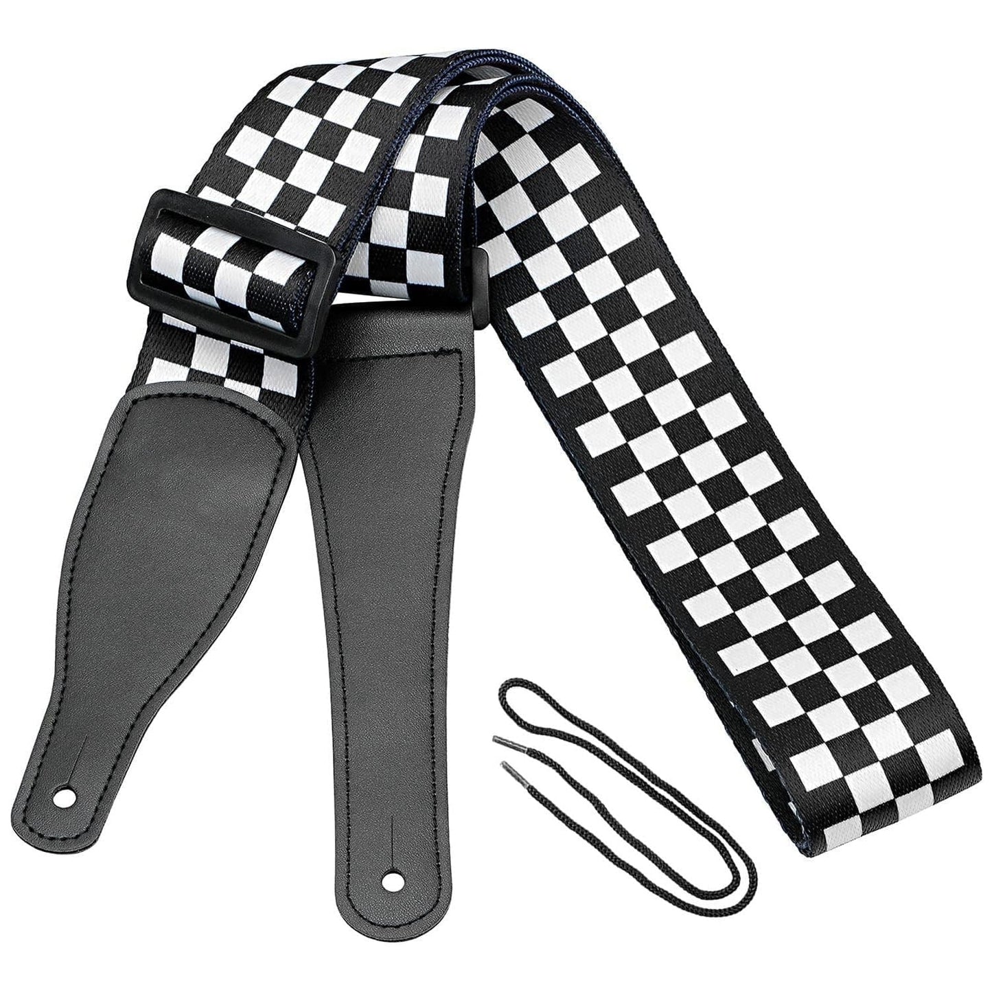 Bass Guitar Strap, Guitar Strap, Electric and Acoustic Guitar Straps - Durable Nylon Checkered Guitar Shoulder Strap with Leather Ends (Black and White Checkered)