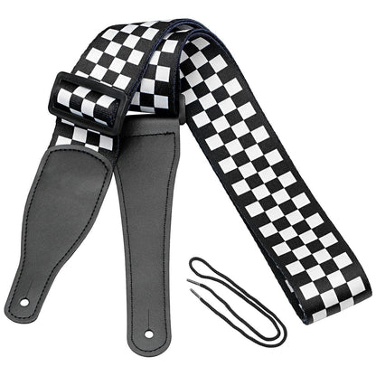 Bass Guitar Strap, Guitar Strap, Electric and Acoustic Guitar Straps - Durable Nylon Checkered Guitar Shoulder Strap with Leather Ends (Black and White Checkered)