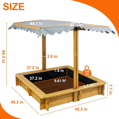 PETSCOSSET Sandbox with Cover, Sand Box with 4 Reinforced Benches, UV-Resistant & Adjustable Height Roof, Bottom Liner, Wooden Sand Boxes with Lid for Kids Outdoor, Gift for Ages 2-8, 45x45 Inches