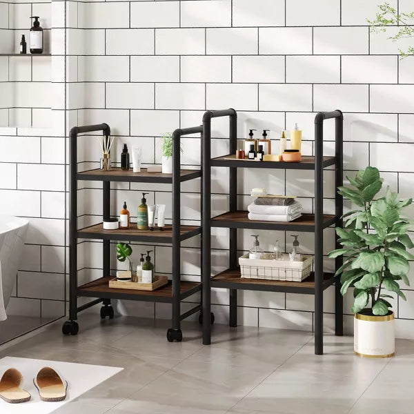 Hooseng 6-Tier Wood Rolling Storage Shelves, Adjustable Tall Bathroom & Kitchen Organizer with Wheels for Office, Laundry Room