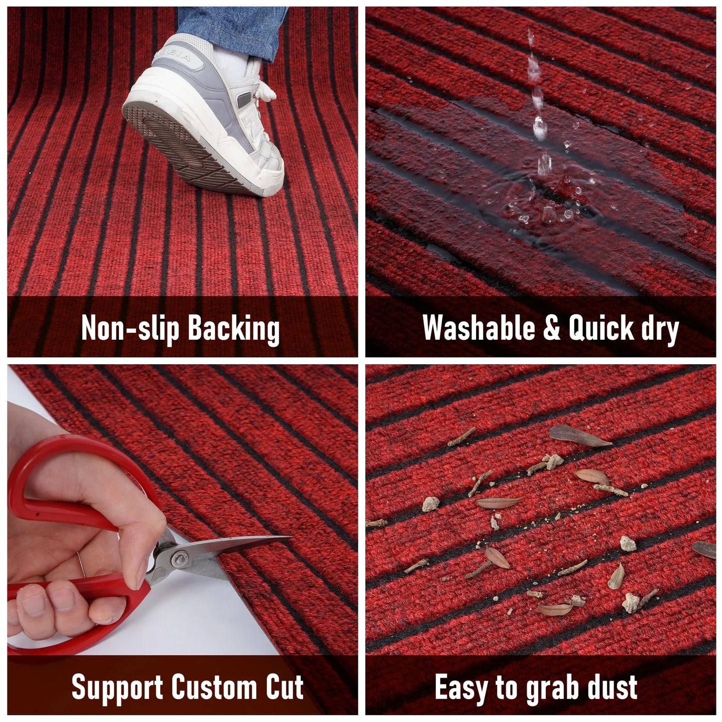 OVYEOFR Commercial Floor Mat, 3ft x 10ft Stripe Non-slip Doormat Carpet with Rubber Backing, Indoor Outdoor Runner Rug for Hallway Kitchen Entryway, Red