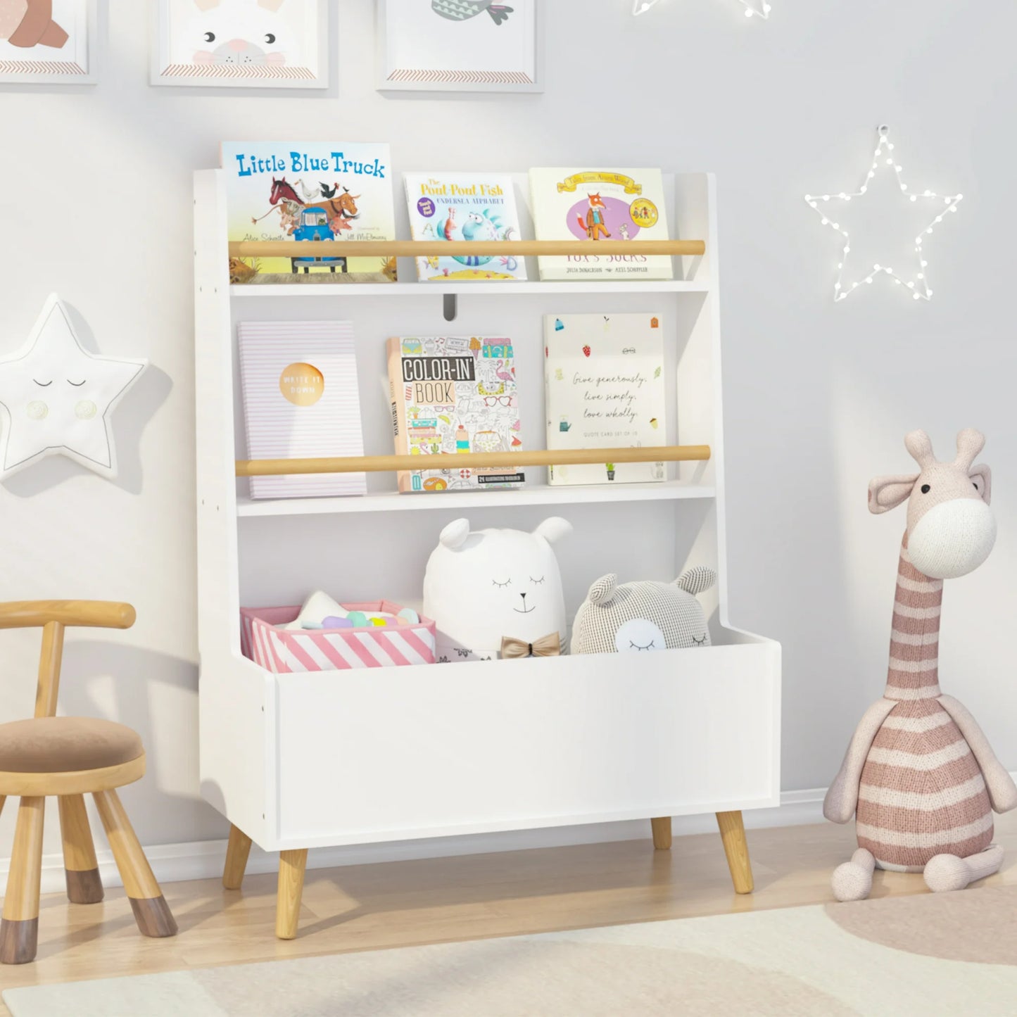 PORKISS Bookshelf for Kids, Wooden Kids Bookcase with Toy Storage Cabinet and 2 Shelves, Freestanding Bookshelf Organizer for Bedroom, Playroom, White