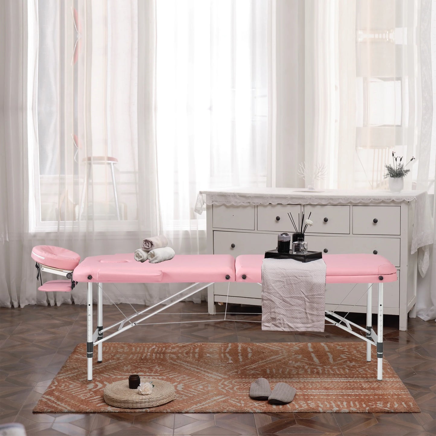 TrumanPick Massage Bed Portable Massage Tables Aluminium 3 Folding Height Adjustable Facial Salon Tattoo Bed with Non-Woven Bag, 24 inch Width Pink