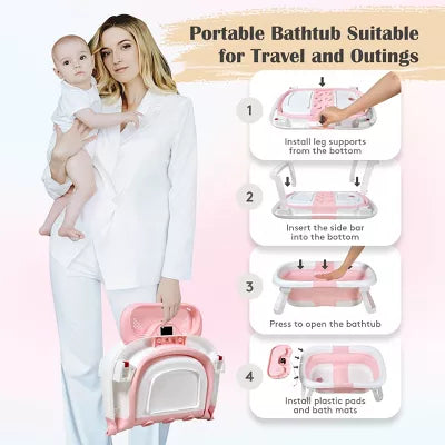 BabyBond Collapsible Baby Bathtub for Infant to Toddler, Portable Baby Bath Tub with Soft Cushion & Thermometer, Pink