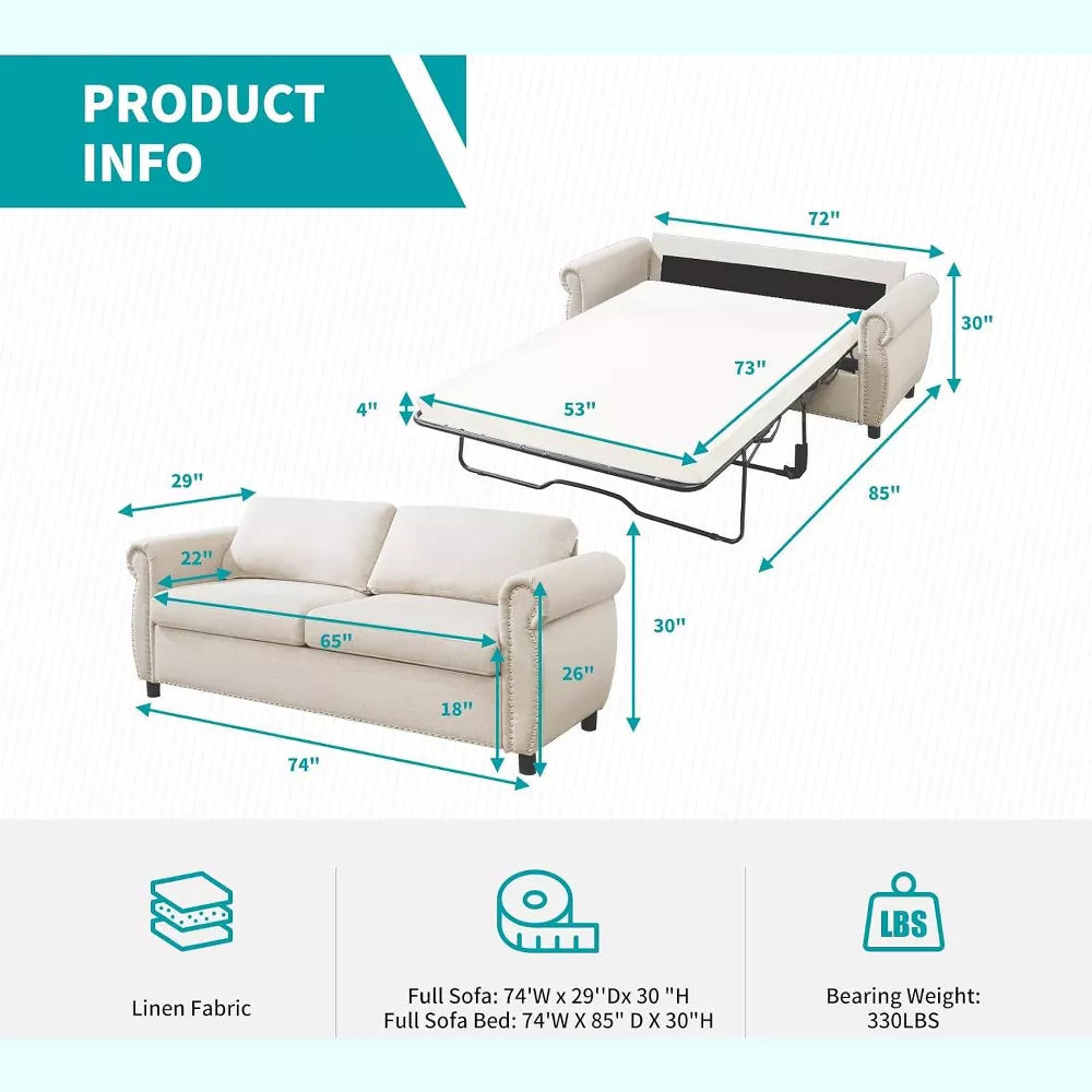 Mjkone Pull Out Sofa Bed,Full Size Sleeper Sofa Couch with Memory Foam Mattress