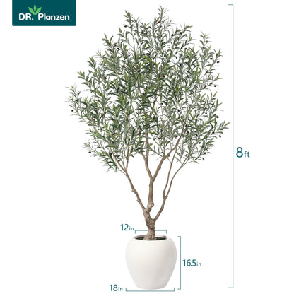 8ft Artificial Olive Tree with 18 inch White Planter, Tall Fake Olive Trees for Indoor, Faux Olive Silk Tree, Large Olive Plants for Home Decor and Housewarming Gift