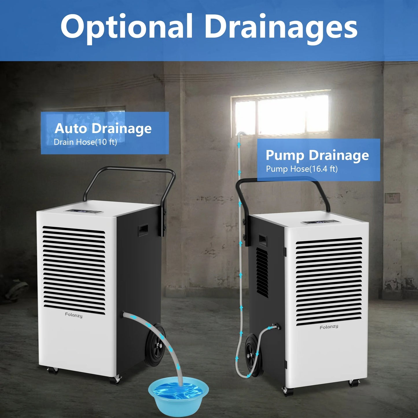 Folanzy 168 Pints Commercial Dehumidifier with Pump and Drain Hose for Basements Home and Large Spaces up to 7,200 Sq Ft