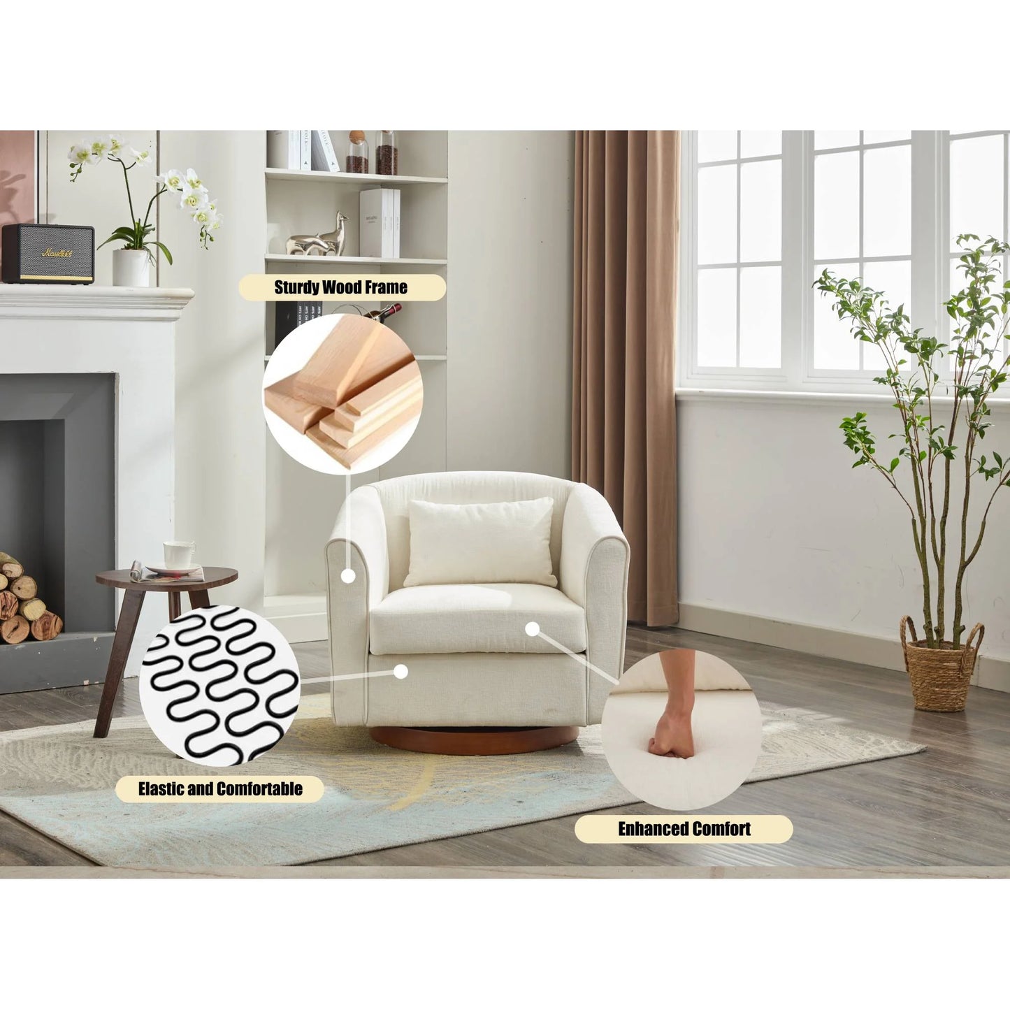 Swivel Accent Chair Upholstered Barrel Chair with Wood Base Modern Comfy Sofa Chair Armchair For Living Room, Bedroom, White
